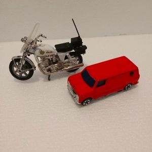 Vintage diecast metal made in Hong Kong motorcycle red van